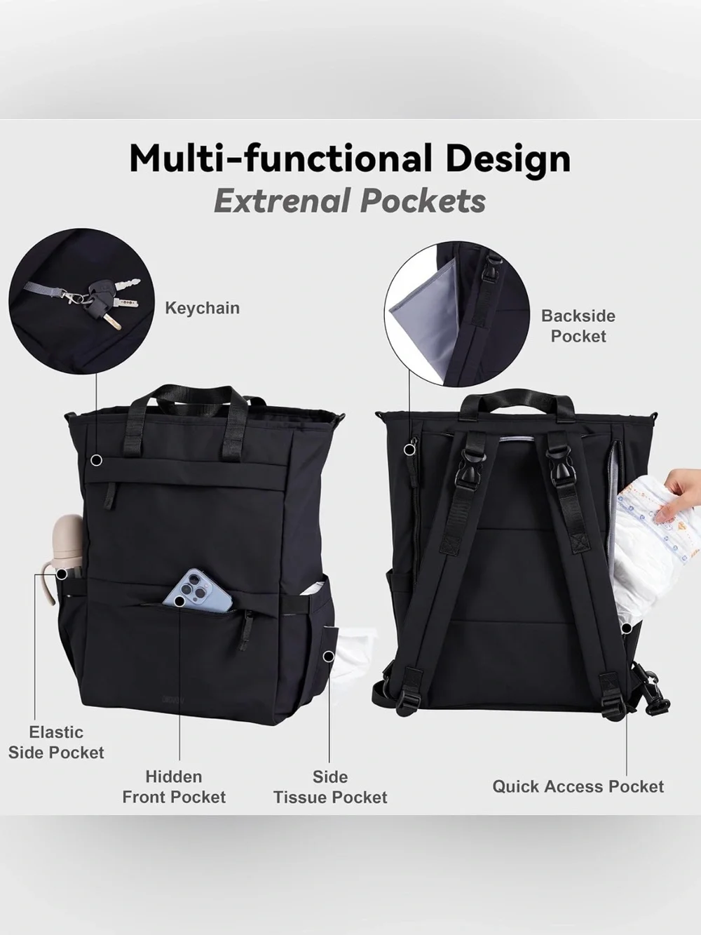 New Diaper bag  Black Tote Backpack - with changing pad